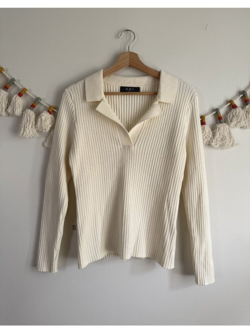 O.P.T Ribbed Knit Polo Long Sleeve Top Ivory Basics Preppy Capsule Wardrobe XL